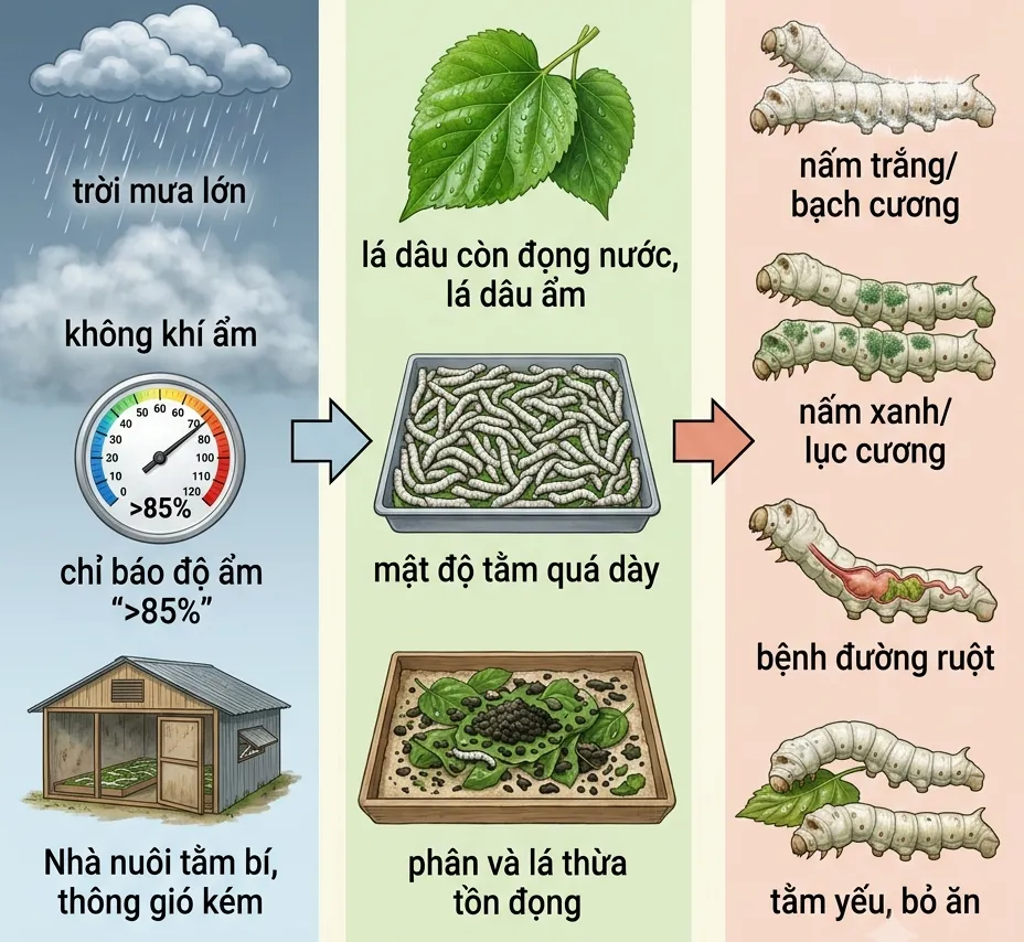 Bệnh tằm mùa mưa: Nguyên nhân, cách phòng trị hiệu quả cho bà con