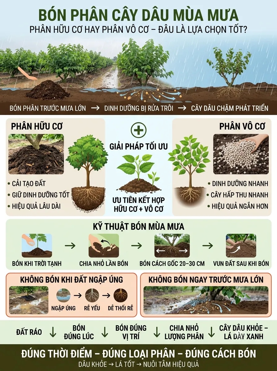 Cách bón phân cây dâu mùa mưa: So sánh phân hữu cơ và phân vô cơ hiệu quả