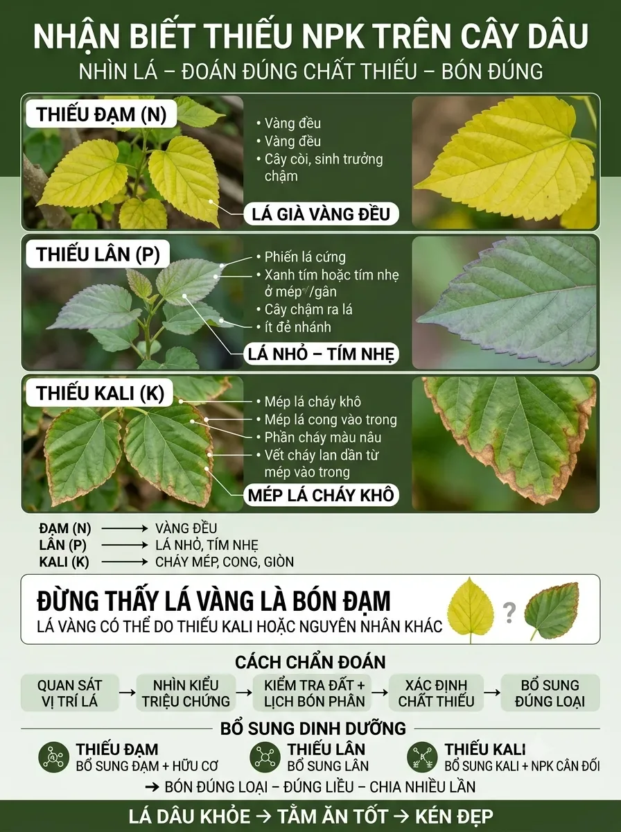 Nhận biết thiếu đạm, lân, kali trên dâu